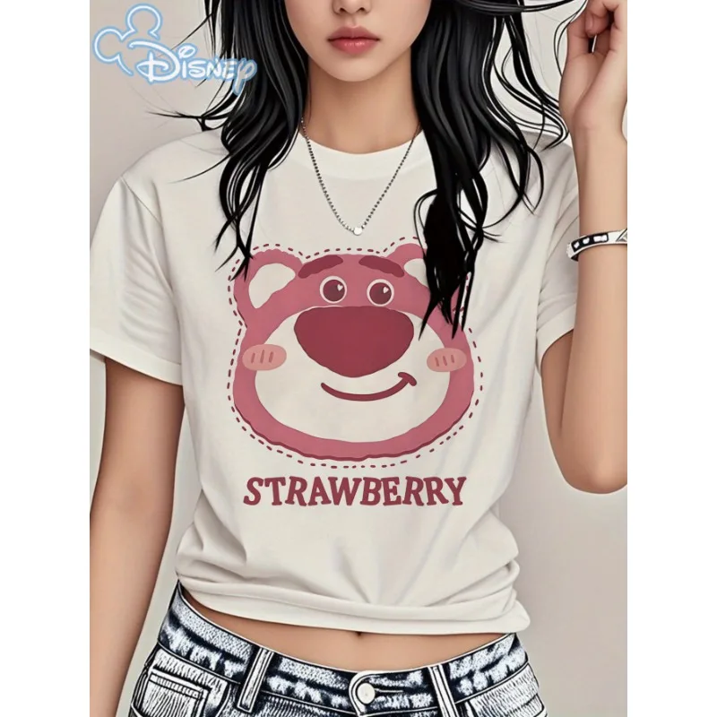 

Disney Strawberry Bear Printed Women's T-shirt Casual Versatile T-shirt Pure Cotton Summer Short Sleeve Round Neck Y2K T-shirt