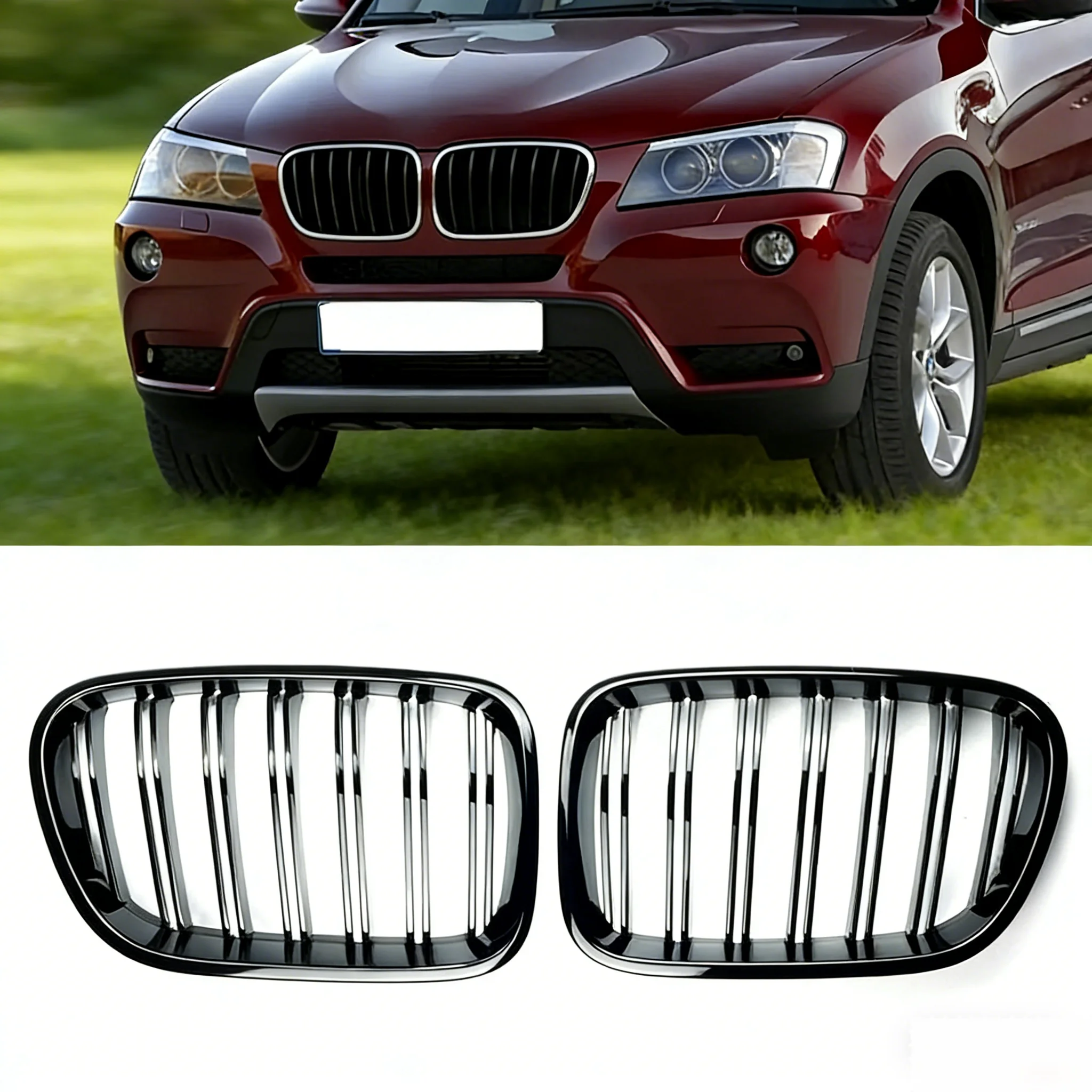 

1Pair Front Kidney Grilles Gloss Black For BMW X3 F25 2011-2014 Replacement Racing Bumper Car Styling OE:51117237422,51117237421