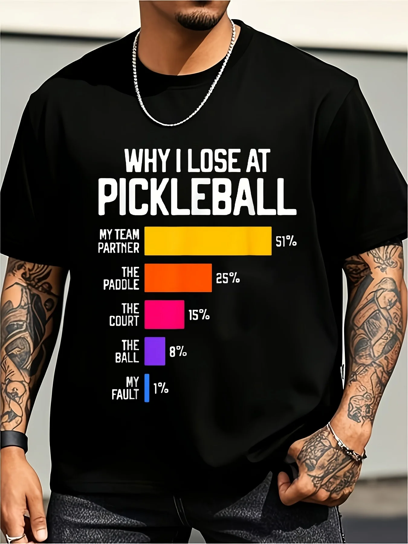Fun Pickleball T-Shirt: Why Am I Losing in Pickleball? Humorous Slogan, Fun Sports Print T-Shirt with Pickleball Loss Percentage Chart, Soft and Breathable Crew Neck Shirt, Unisex Style, Fun Sports Style, Large Size Retro Casual Crew Neck Print T-Shirt, Unisex, Large Size