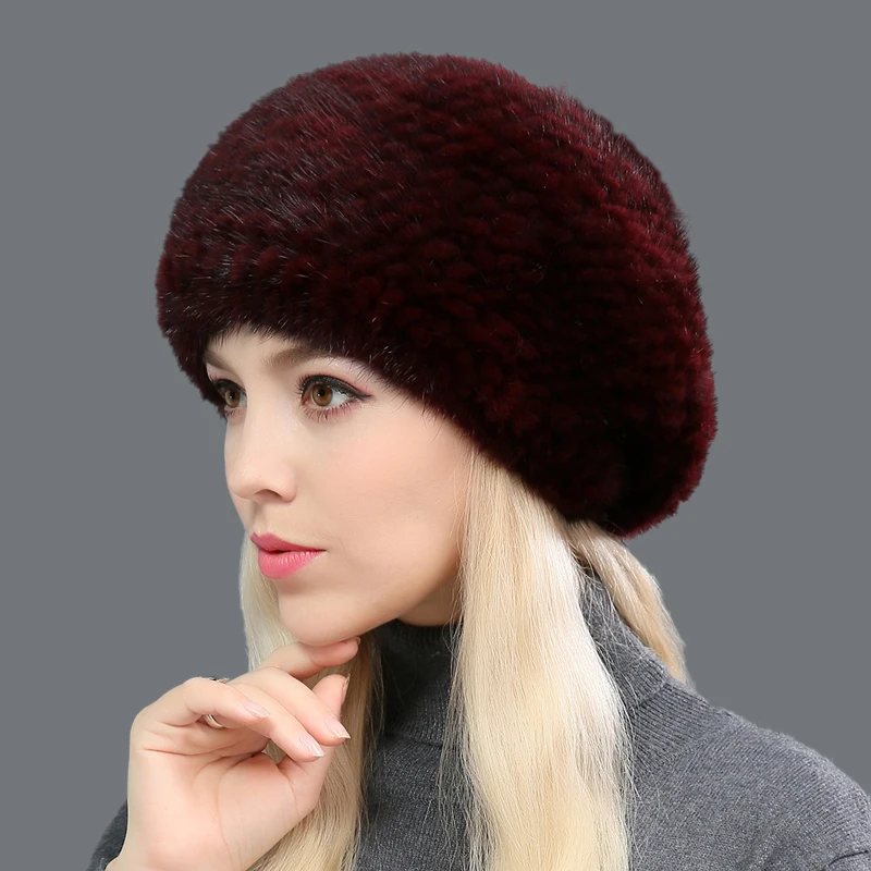 Women's Real Mink Fur Hat Winter Warm Beanie Cap Headwear Ski Hat Casual Travel Black Brown