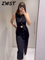 Black Elegant Long Dress With Belt Women Slim Single Breasted Front Split Sleeveless Female Dresses 2025 Summer Lady Vestido