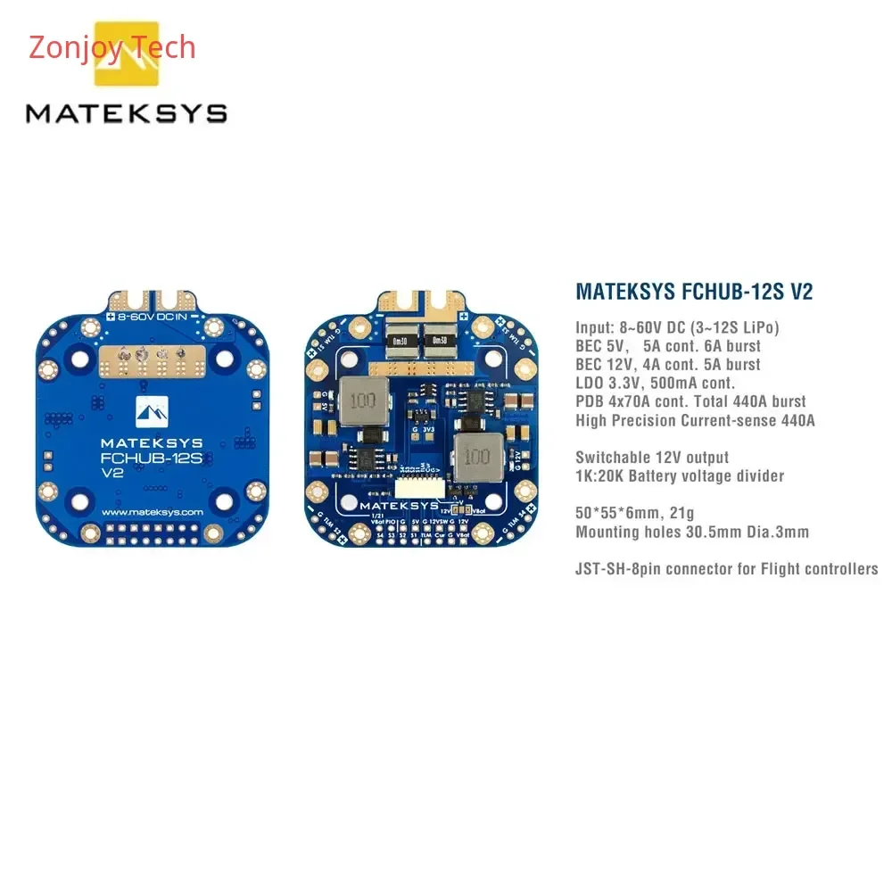 Matek system Mateksys FCHUB-12S V2 with current sensor, suitable for 3-12S remote-controlled drones and FPV quadcopters