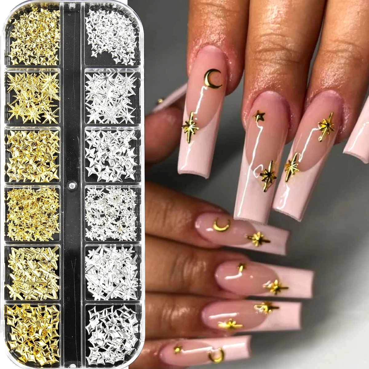 6/12Grids Gold Star Moon Metallic Rivet 3D Nail Charms Alloy Sun Moon Starlight Rhinestones Nail Studs For Nail Art Decoration