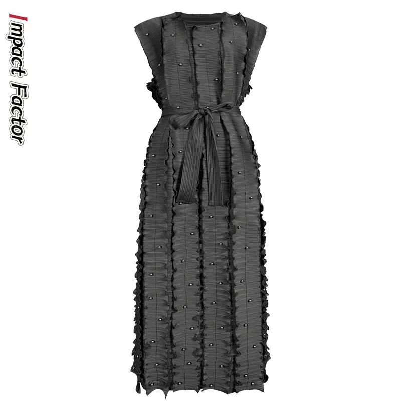 

Miyake Pleated 2024 Summer New Women's O-Neck Sleeveless Lace Up Waist Top Fashion Pleated Middle Eastern Extended Dress