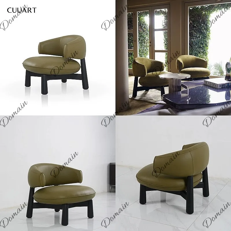 Nordic Minimalist Ash Wood Armchair, Leather Leisure Coffee Accent Chair for Living Room Balcony
