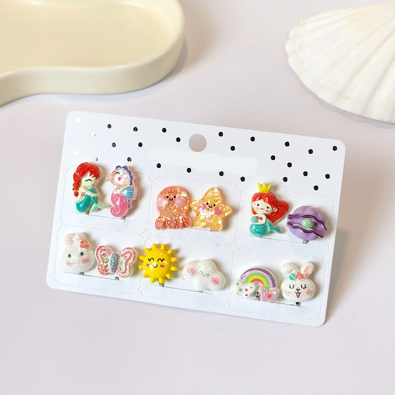 6PRS Gift for Children Non Piercing Girls Kids Earrings Mixed Cute Mermaid Rainbow Butterfly Clip on Earring