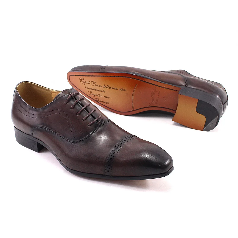 Genuine Leather Oxford Dress Shoes Men Lace Up Cap Toe Office Wedding Shoes Black Brown Brogue Pointed Oxfords Formal Shoes Men