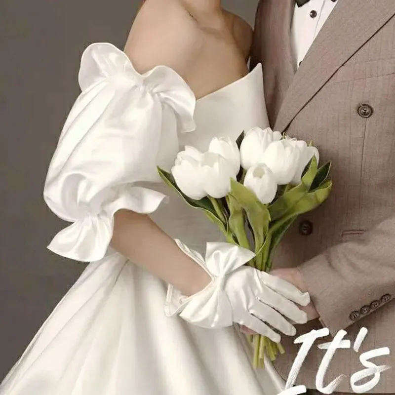 Satin Bridal Sleeves Wedding Puff Sleeves White Satin Cuffs Detachable Bridal Bicep Medium Length for Elegant Wedding Gloves