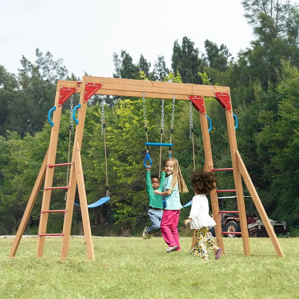 

Dohin Playground Wood Swing Sets or Backyard with Monkey Bar, Kids Outdoor Play Equipment, Outdoor Playset or Kids with Trapeze