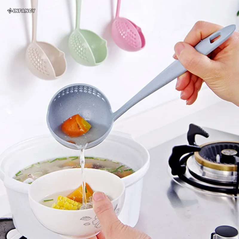 Kitchen Soup Spoon Long Handle Kitchen Strainer Solid Color Cooking Colander Kitchen Scoop Plastic Tableware Colander Hot