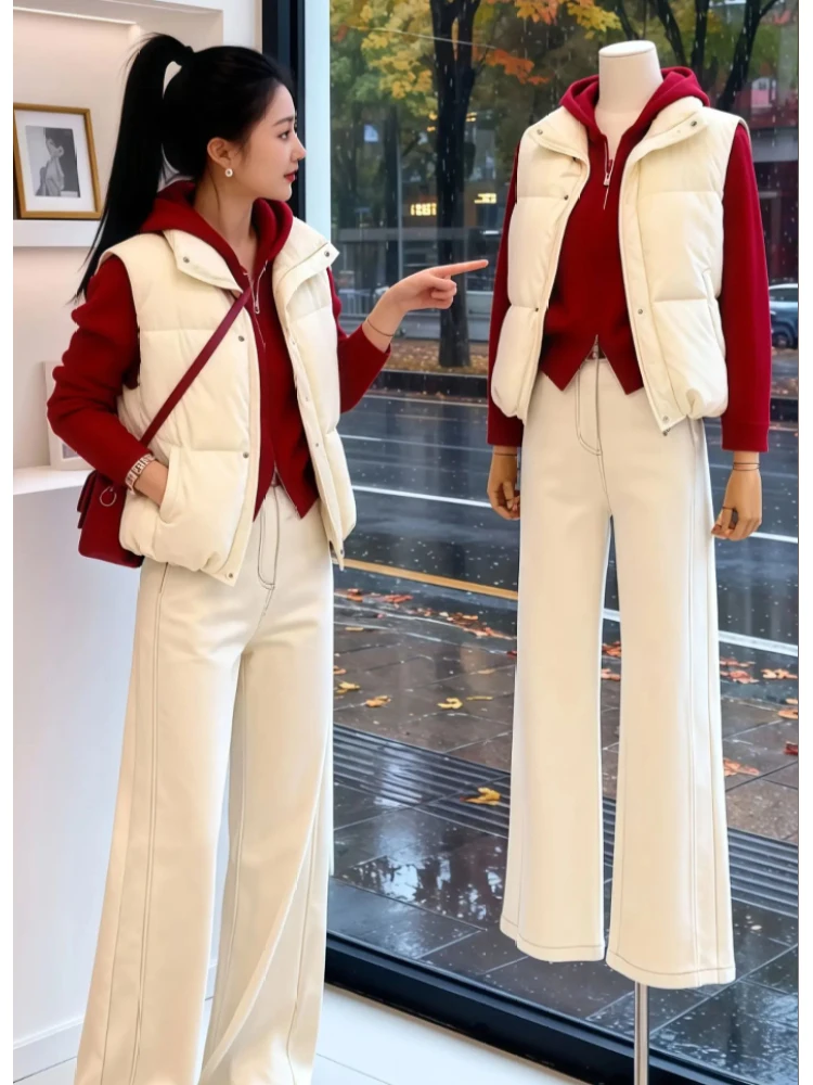 

Стильный белый хлопковый жилет и джинсы с высокой талией, женский модный комплект, зимний теплый, на подкладке, на молнии