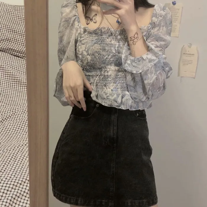 

Женский топ irt Design Sensation oulder Bubble Sve ort Top, весна-осень, Новое поступление, длинный све, квадратный воротник Faion