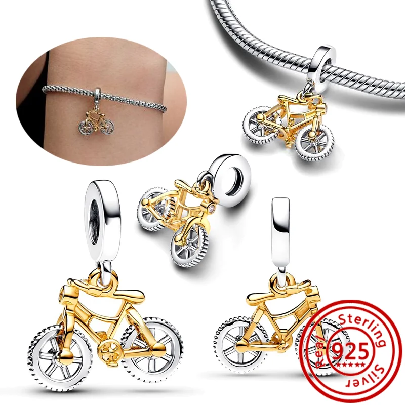 925 Silver Two-tone Heart Ring Mom Tree Bicycle Star Castle Candle Golden Beads Fit Original Pandora Charms Bracelet DIY Jewelry