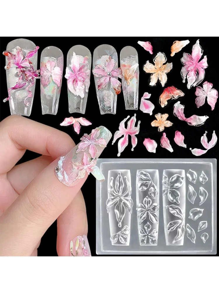 Moule à ongles en Silicone fleur de lys glacée, Gel 3D, motifs de breloques florales, moules réutilisables, pièces en résine pour manucure, outils sculptés à faire soi-même
