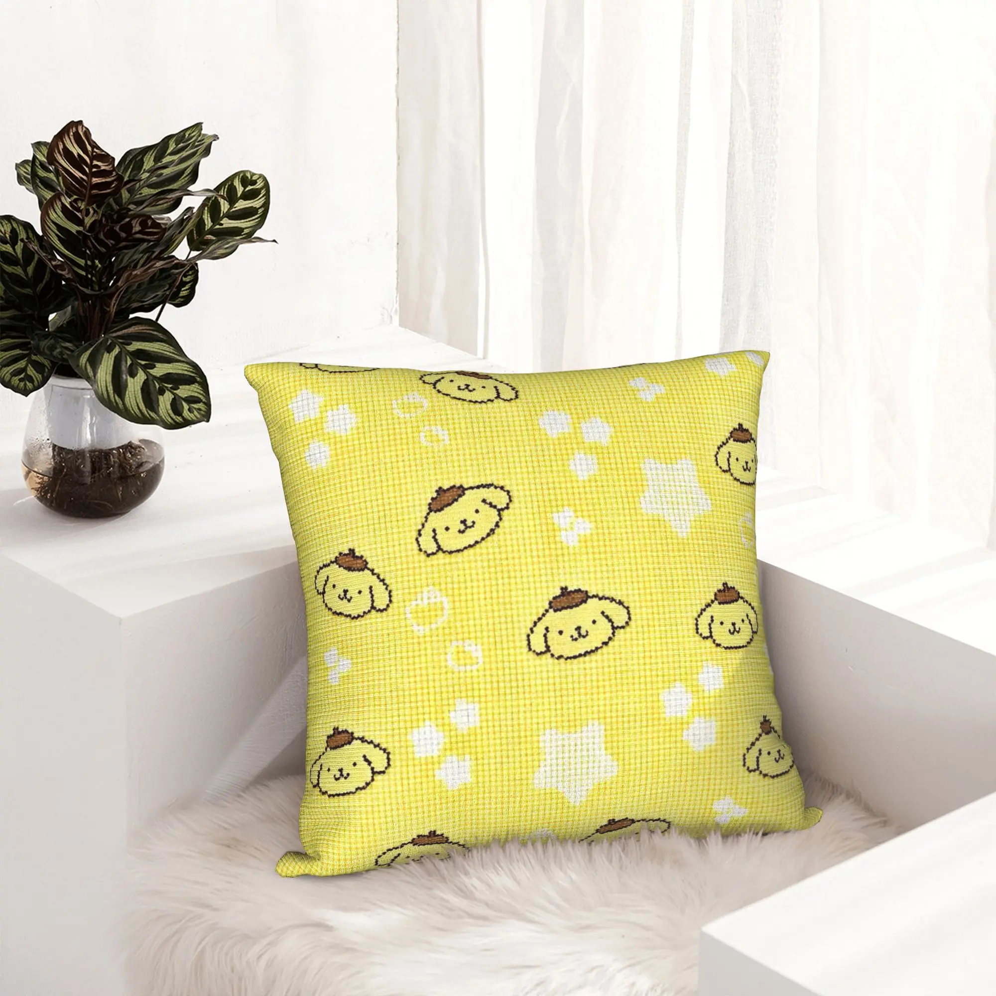 Pompompurins Cute Dog Yellow Plaid Pillowcase Printing Polyester Cushion Cover Decorative  Pillow Case Cover Home Square 45*45cm