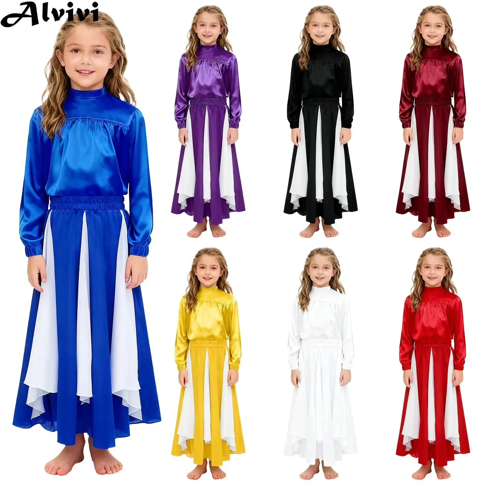 Kids Girls Lyrical Dance Costume Worship Praise Liturgical Choir Prayer Outfit Long Sleeve Zipper Satin Tops with Chiffon Skirt