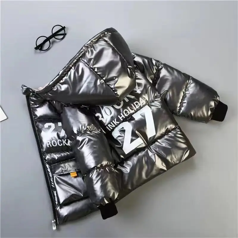 

Boy Warm Parka DownCoat Fashion Teenage 2024 Winter Jacket Casual Thicken Shiny Leather down Cotton Coats Kid Hooded Outerwear