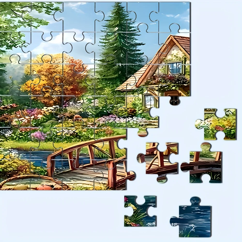 Idyllic Cottage Tapestry Wall Hanging, Countryside House with Swan Pond and Flower Garden, Wooden Bridge Landscape Home Decor