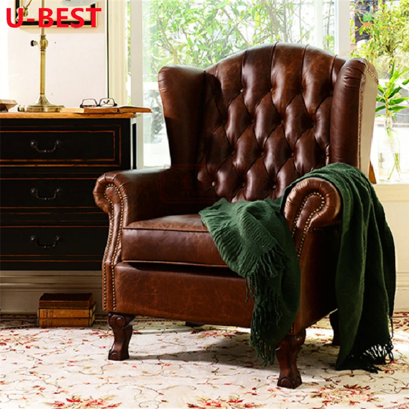 

U-Best Traditional Classic Style Rustic Cow Leather Club Coffee Shop Visiting Living Room Lounge Wing Chairs