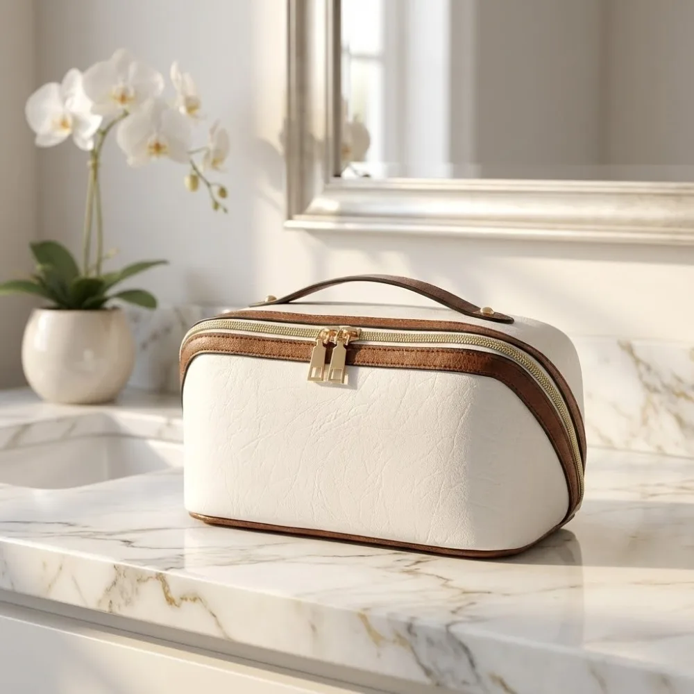 Bolsa de cosméticos de viaje de gran capacidad, estuche de maquillaje de cuero PULeather impermeable, organizador, bolsa de aseo portátil para mujer, almacenamiento en el baño