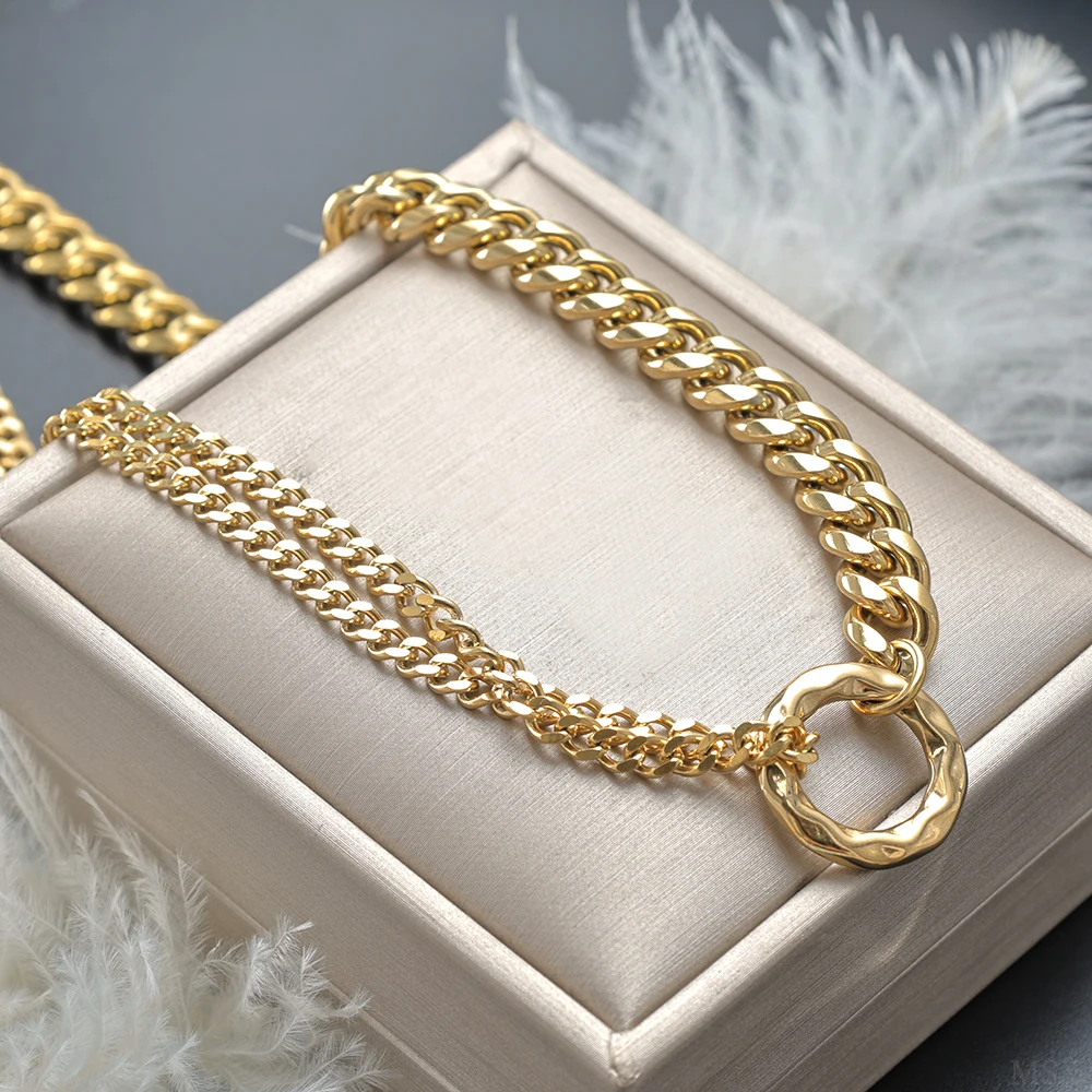 

8mm Titanium Steel Gold-plated Cuban Chain for Men and Women Minimalist Ins Style Meteorite Texture Round Pendant Necklace Gift