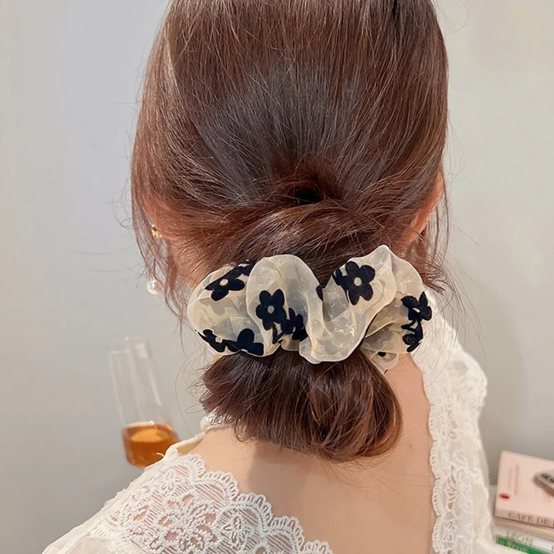 CHIMERA 2pcs Fabric Hair Ponytail Ties Elegant Chiffon Embroidery Hair Scrunchies for Women Elastic Hair Rope Wide Rubber Band