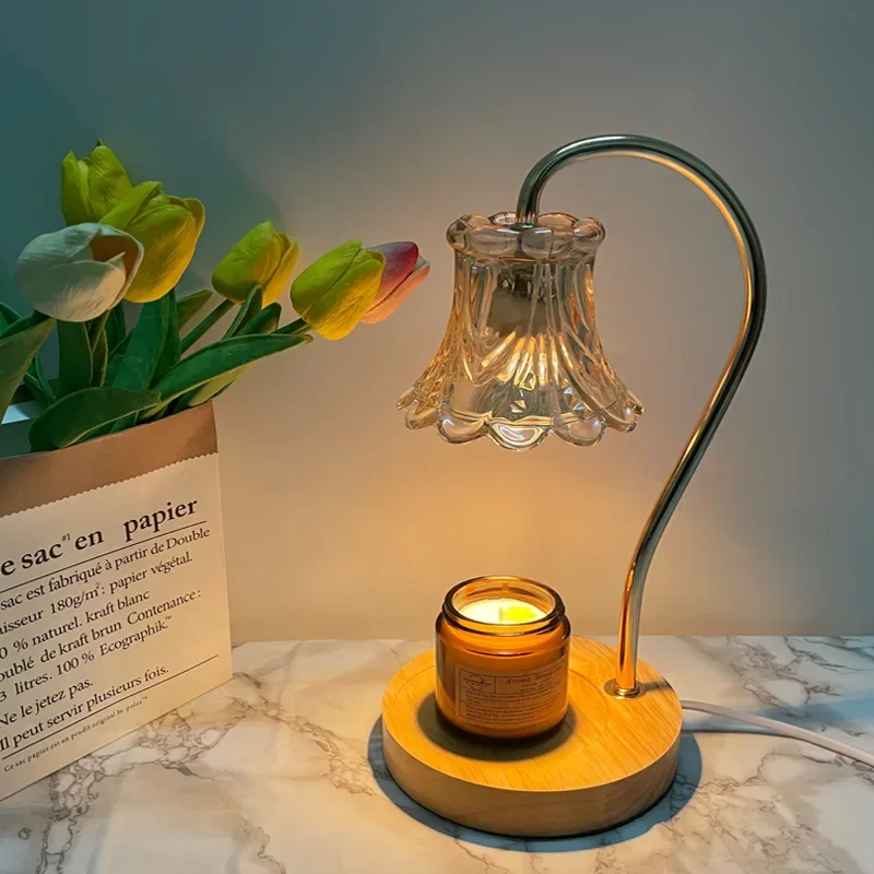 American Style Aromatherapy Essential Oil Diffuser Lamps Dimmable Night Glass Light Flower Candle Lamps Warm Light Wood Base