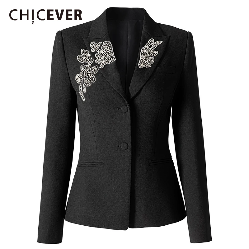 CHICEVER Office Black Spliced Diamond Blazer for Women Notched Collar Long Sleeve Patchwork Single Breasted Elegant Coats Female