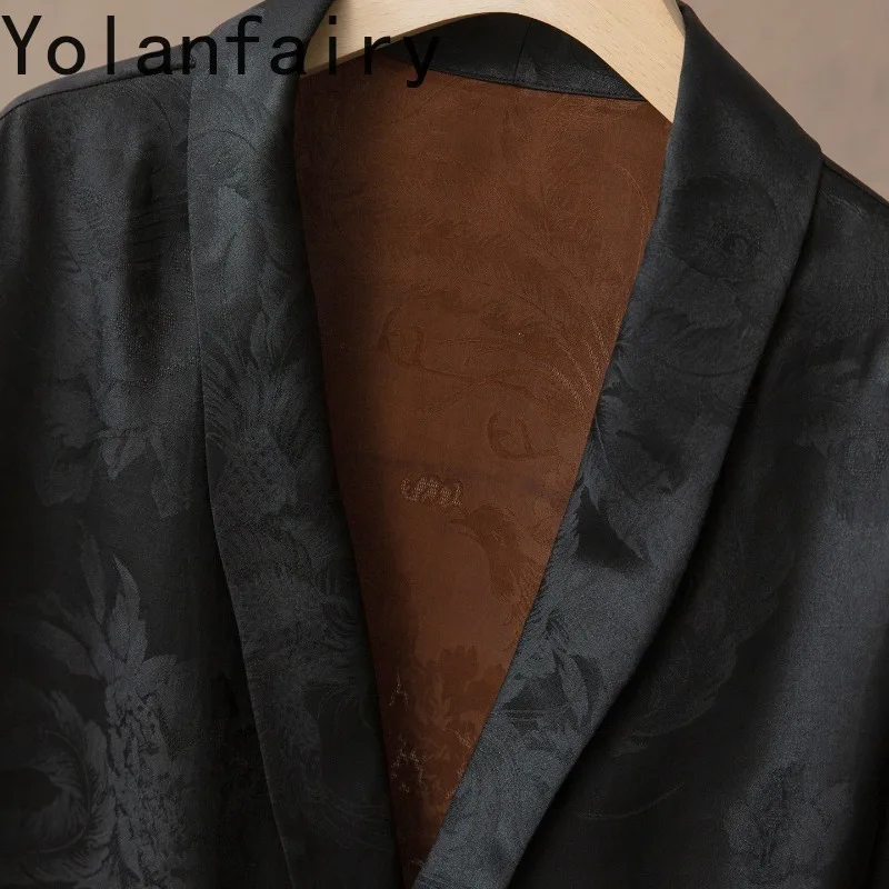 YOLANFAIRY High-end 100% Mulberry Silk Shirts Woman Suit Jacket One Button Gambiered Silk Jacquard Blazer Loose Elegant Top Coat