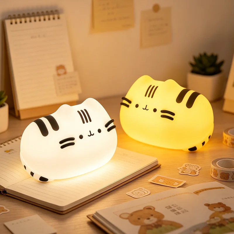 Kawaii Pusheen Night Light 3 Level Dimmable Soft Eye Protection Bedside Lamp Rechargeable Timing Bedroom Decor Christmas Gifts