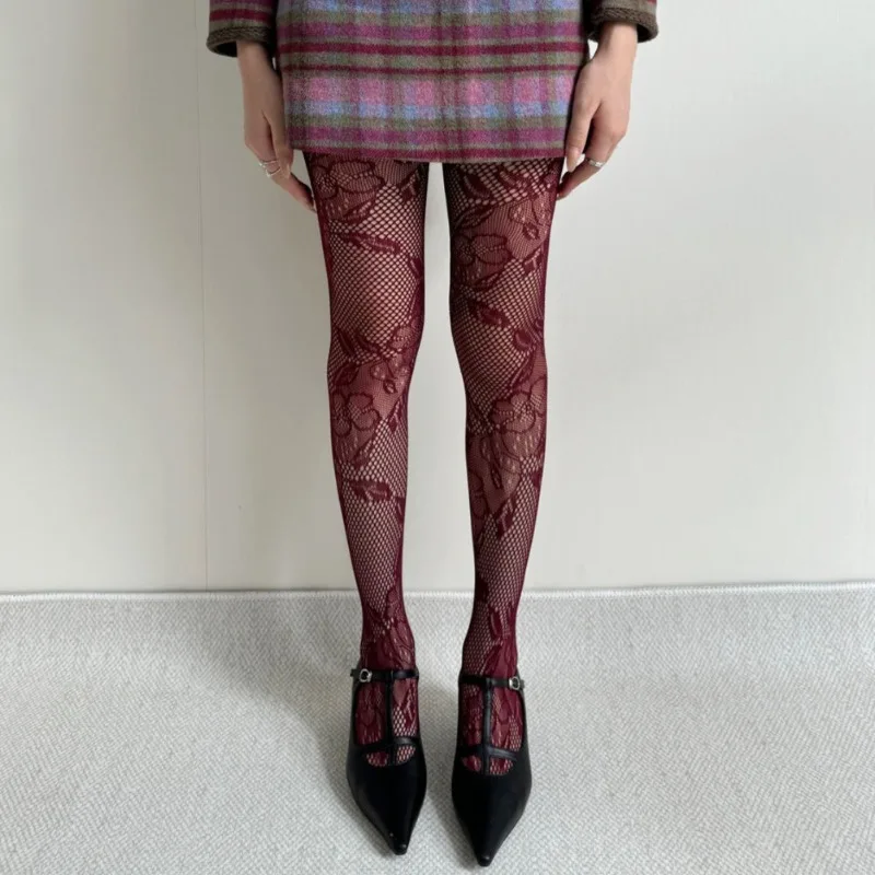 New Hot Angola Red Floral Fishnet Tights Women Costumes Sexy Lace Hollow Mesh Pantyhose Ladies Slimming Stockings Lolita Socks