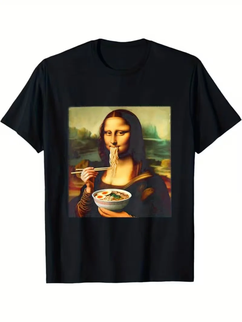 Funny Mona Lisa Parody Ramen Ski Mask & Pinup Graphic T-Shirt Vintage Art Humor Oversized Casual Tops for Men Women