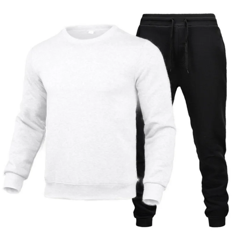 New  Solid Color New high-quality men\'s leisure sports round neck hoodless sweater pullover+outdoor running pants set