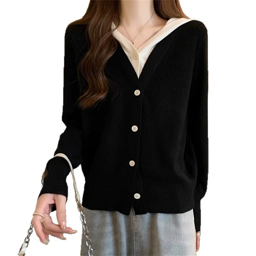 

2025 Korean Fashion Sweet Patchwork Faux Two-piece Knitted Cardigans Clothes Autumn And Winter Simple Hooded Sweater Top
