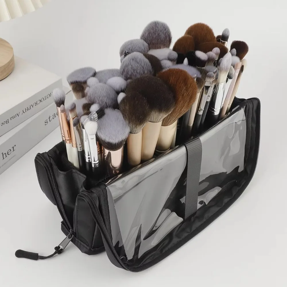 Portable Black Color Makeup Brush Bag Large Capacity Single Design Brush Bag Magnetic Locking Closure Toiletry Bag