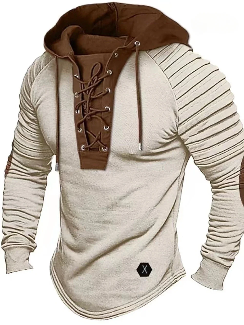 

Men's Solid Color Casual T-shirt Top Long Sleeved Shirt Slim Fit Pleated Hood Street Vacation Lace Up Patchwork Clothing