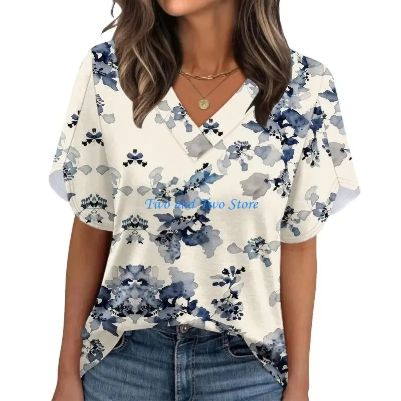 HX6F Women's Summer Non-Position Printed Petal Sleeve V-Neck Top