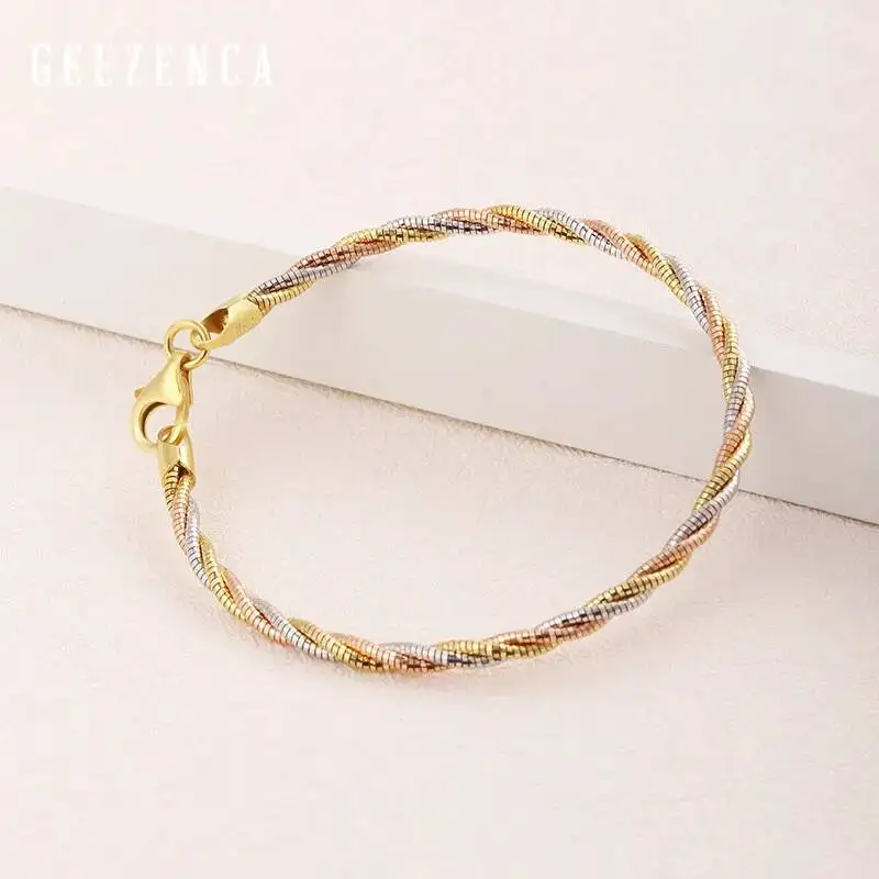 Italian 925 Sterling Silver Three Color 3 Threads Woven Jewelry Set With 18cm Bracelet And 40cm Necklace For Women Gift Party