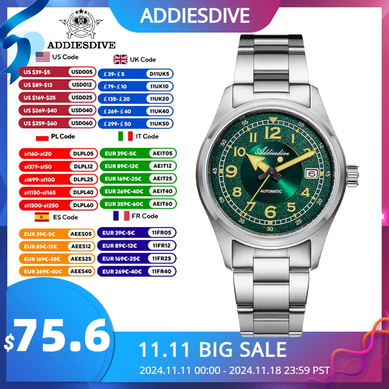 ADDIESDIVE New Watch For Men Sapphire NH35 Automatic 39mm Sunburst Dial Retro Luminous Dress orologio da polso 200m orologio impermeabile