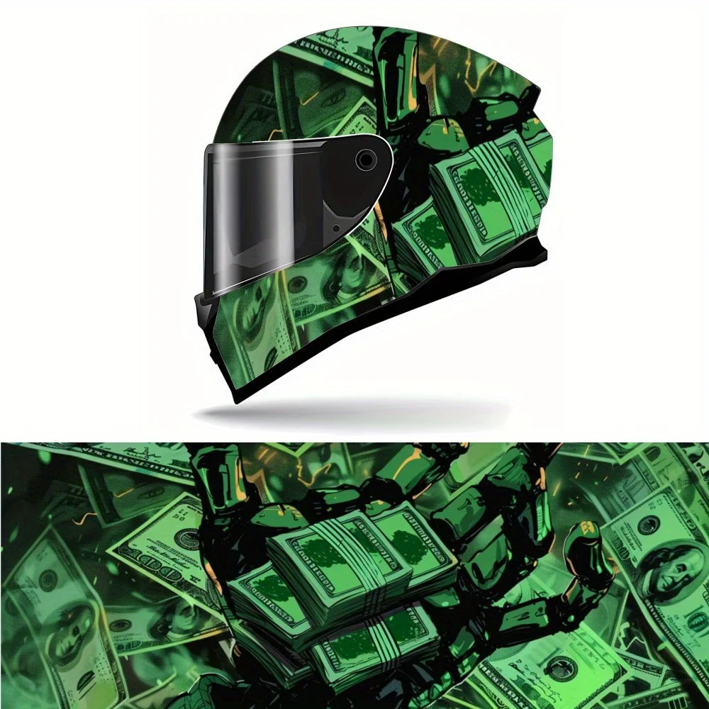 Wealth and Machinery Style, Money Themed PVC Motorcycle Helmet Vinyl Wrap, Self-Adhesive Waterproof Sticker, Anti-Scratch Decora