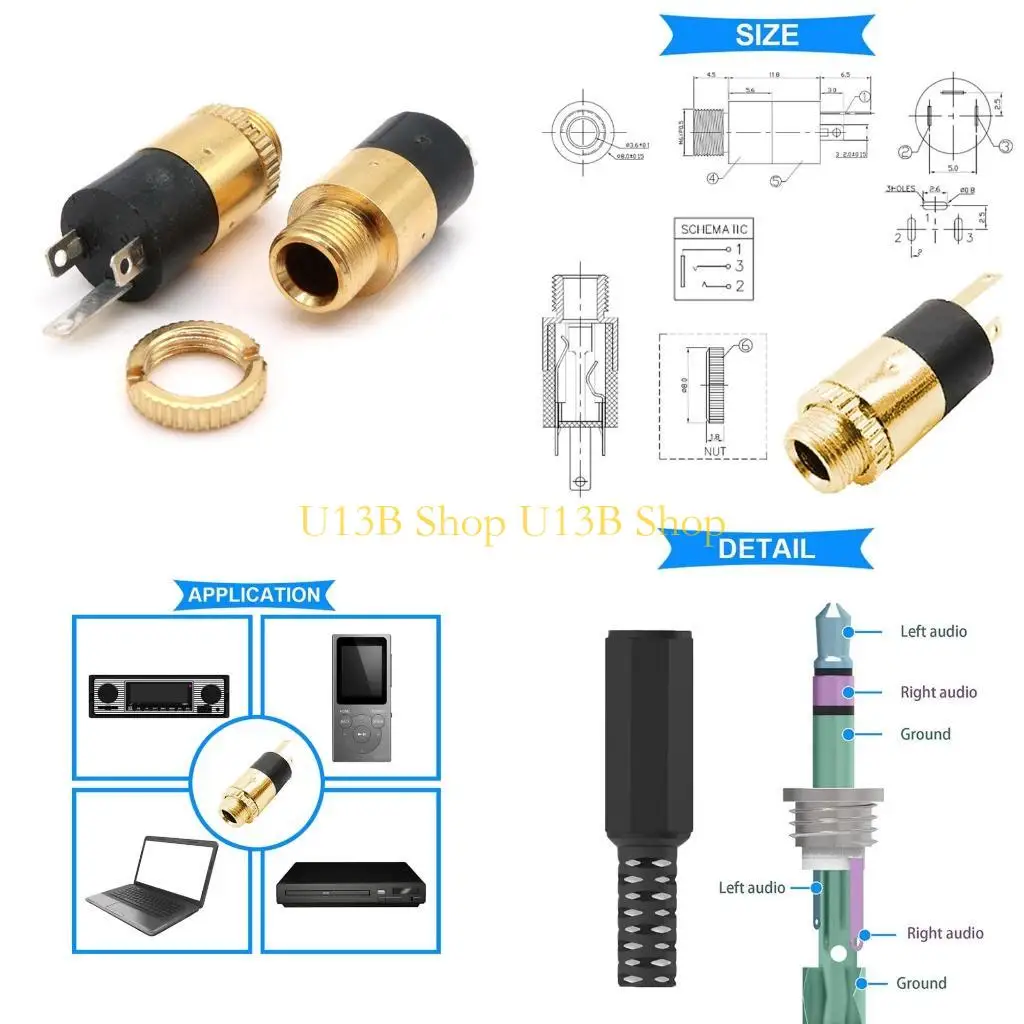 U13B PJ392 Stereo Female Sockect 3.5mm Headphone Connector 3.5mm Stereo Headphone Video Socket Plug
