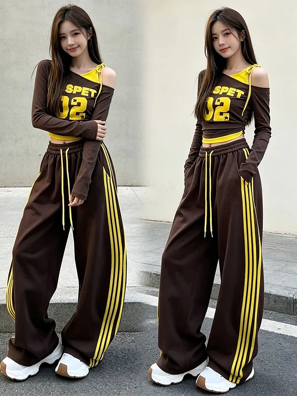 Korean Fashion Trend Set Women's Shoulder Bared Slim Fit T-shirt with Drawstring Wide Leg Pants Two-Piece Suit Autumn Style
