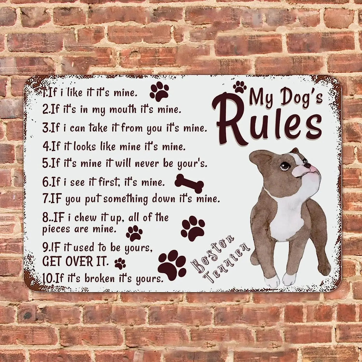 Boston Terrier Metal Tin Sign My Dog Rules Retro Metal Sign Funny Dog Gift for Dog Lovers Animal Paw Print Tin Sign Wall sign