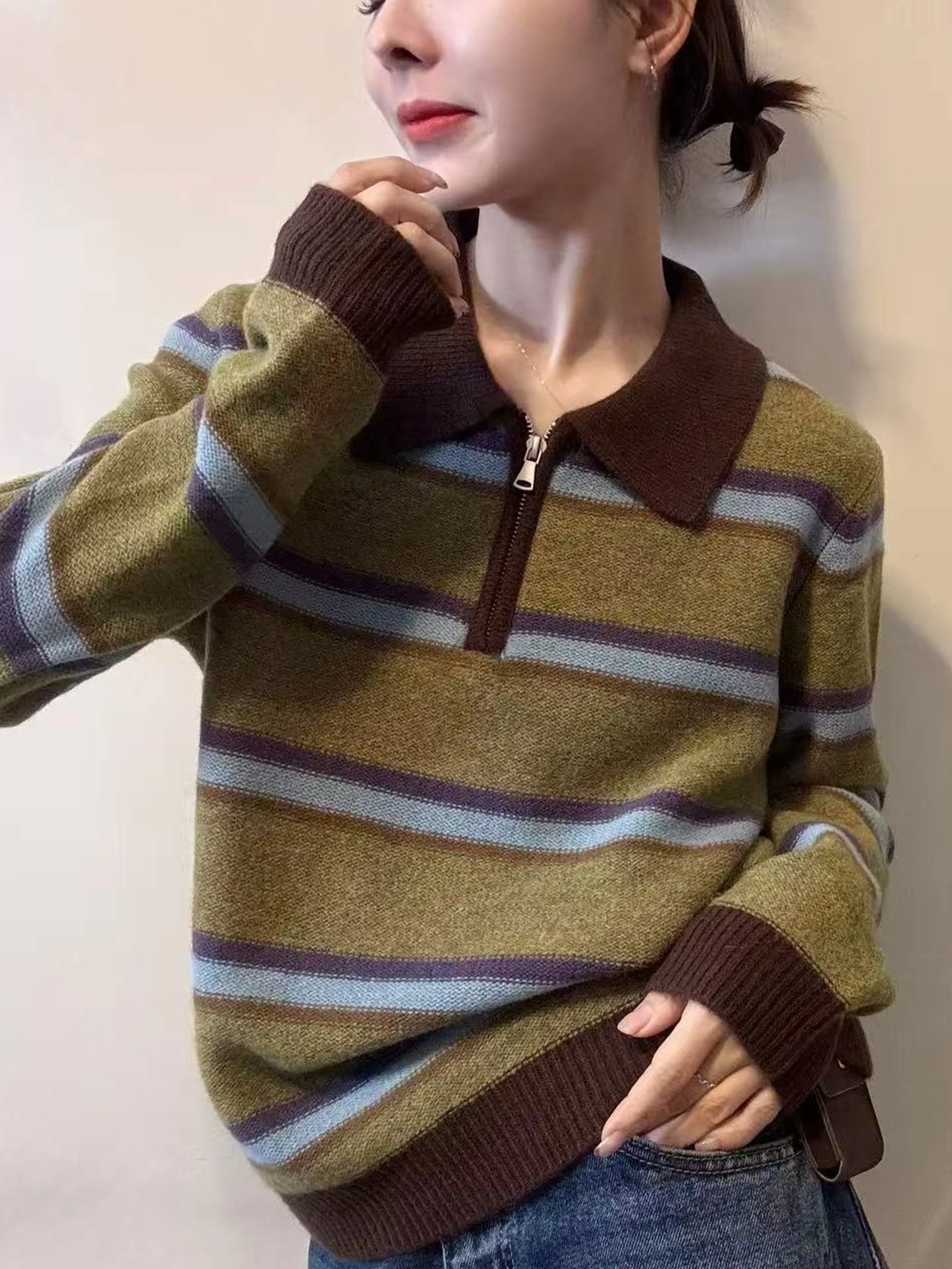 

Faionable Striped Color Blo Camere Knitwear Long Sve Winter Design Trendy Anti-Aging Top Korean Sle Loose Fit