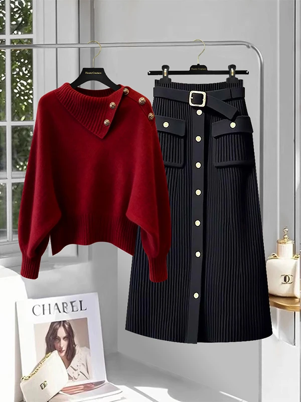 

Осенне-зимний вязаный свитер винного цвета для женщин, модный комплект с очаровательной юбкой и брюками с высокой талией, круглый вырез, открытый дизайн