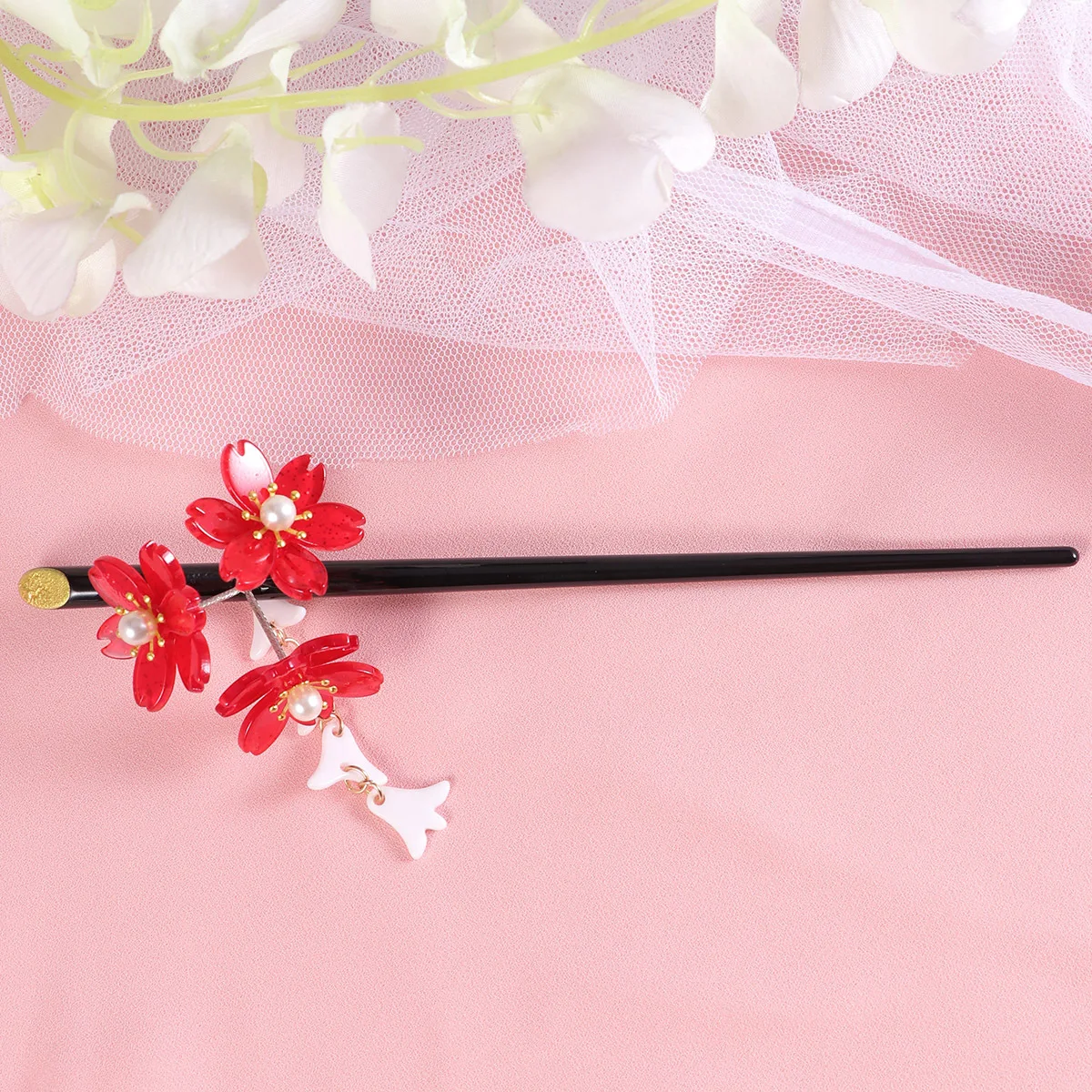 

Red Acrylic Cherry Blossom Tassel Fringed Hairpin Vintage Floral Accessories for Women Girls Sparkling Rhinestones Elegant