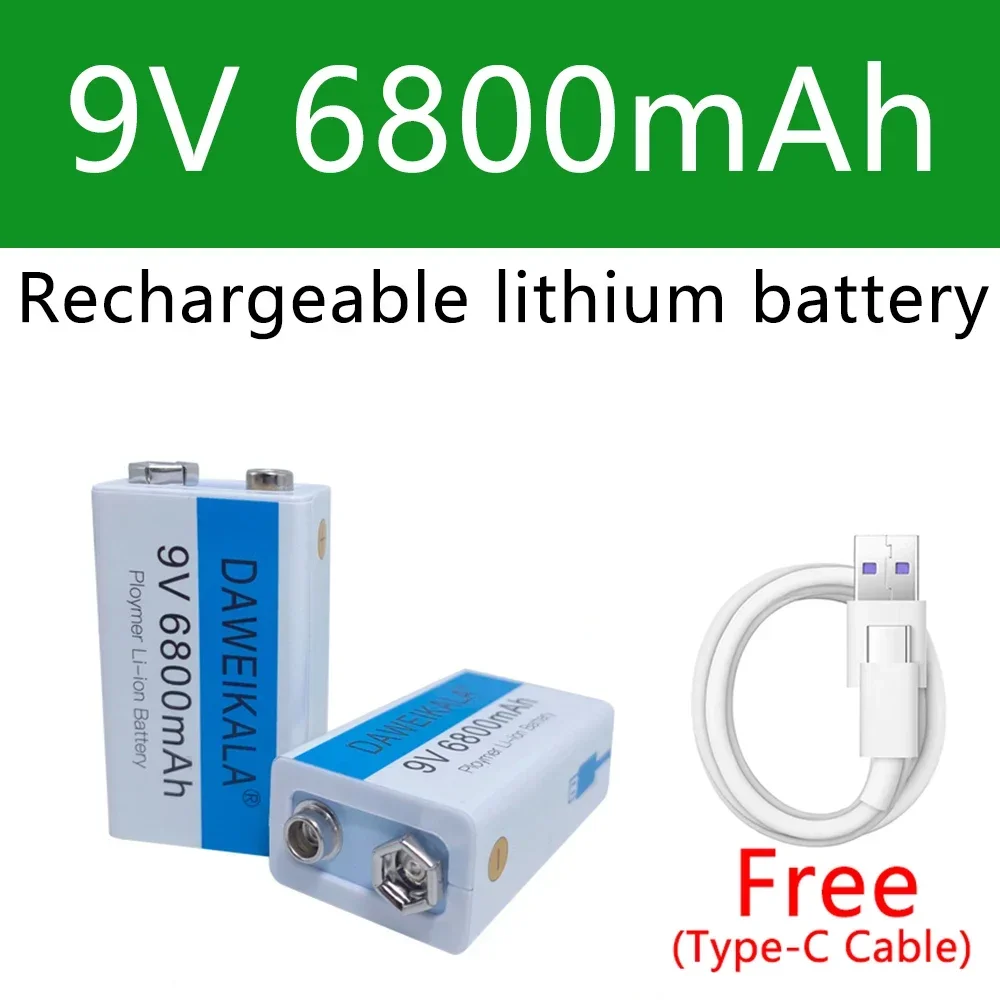 9V battery 9V 6800mAh li-ion Rechargeable battery Type-C Battery 9v lithium for Multimeter Microphone Toy USB charging cable