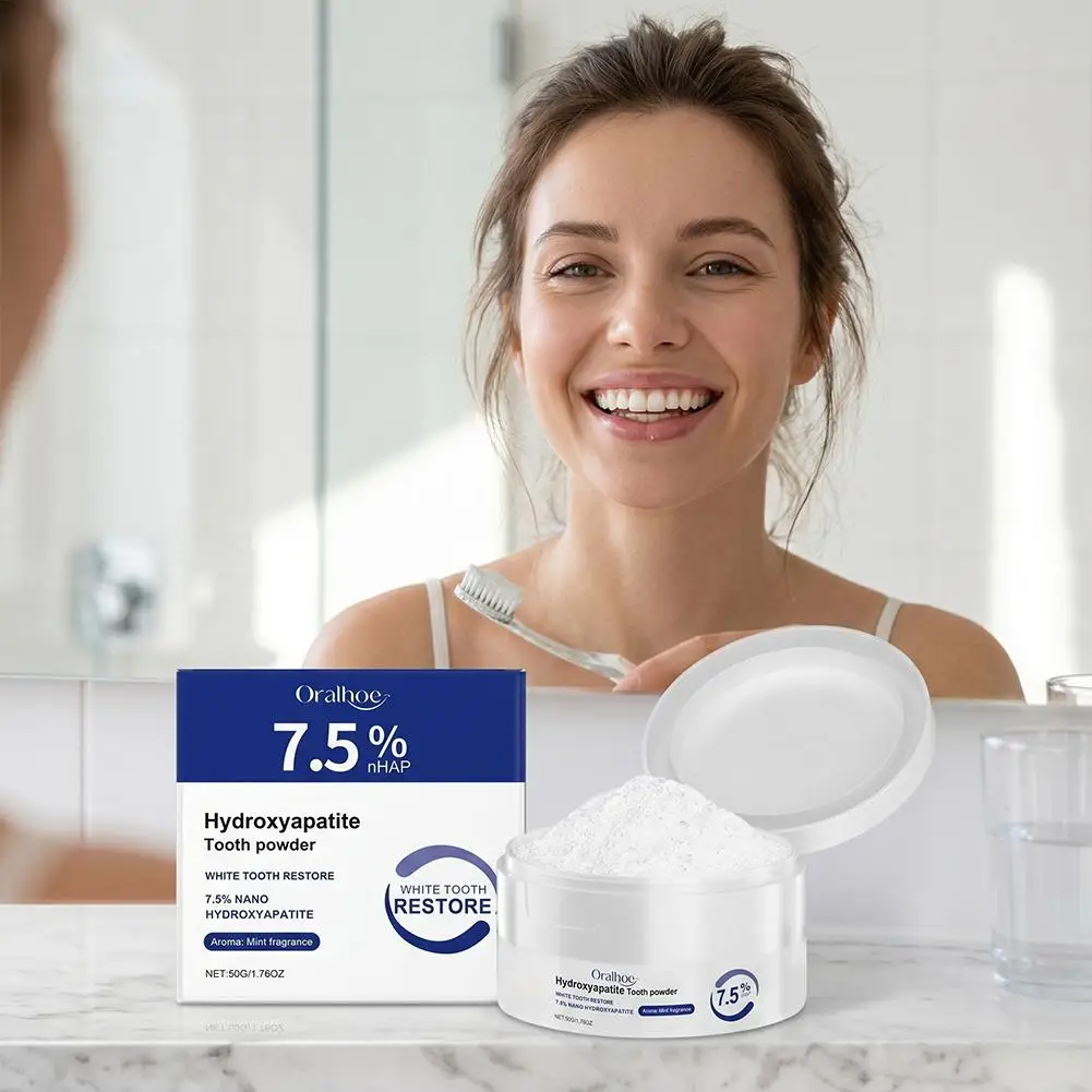Polvo Blanqueador Dental Oralhoe de 50g Sin Flúor, Limpieza Profunda, Elimina Manchas Amarillas, Repara el Esmalte, Refr