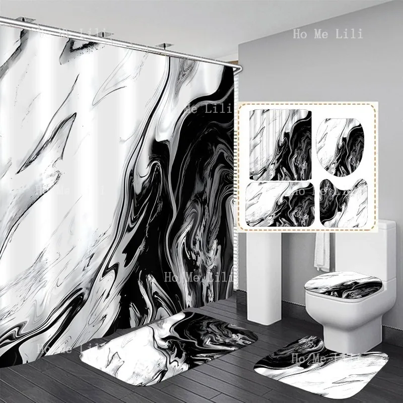 

Black White Sets With 4 Pcs Marble Shower Curtain Set Decor Accessories Bathroom Rugs Toilet Lid Cover Bath Mat And 12 Hooks