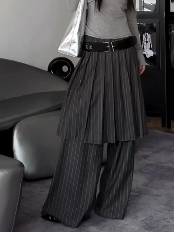 حجم كبير عادية فضفاض خطوط عمودية تنوعا بنطال ذو قصة أرجل واسعة المرأة الجديدة Sle Ele تصميم كاذبة قطعتين تنورة السراويل